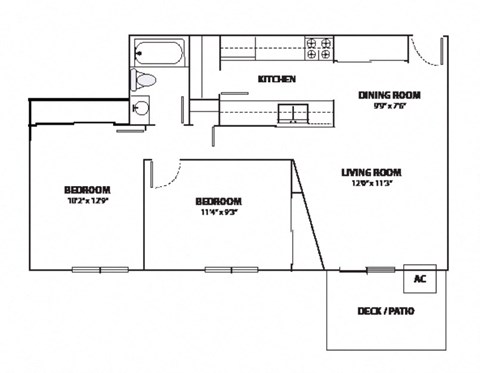 A floor plan of a house with two bedrooms, a living room, a dining room, a kitchen, and a deck/patio.